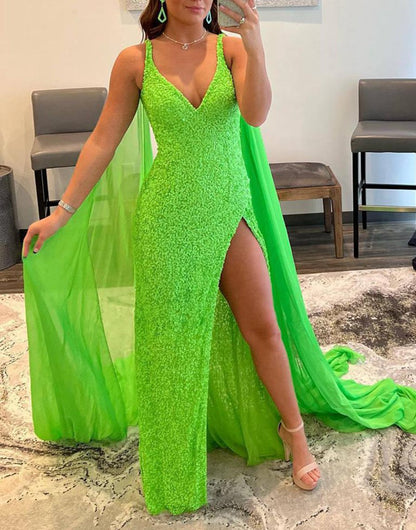 Mermaid V Neck Sequin Prom Dresses with Slit