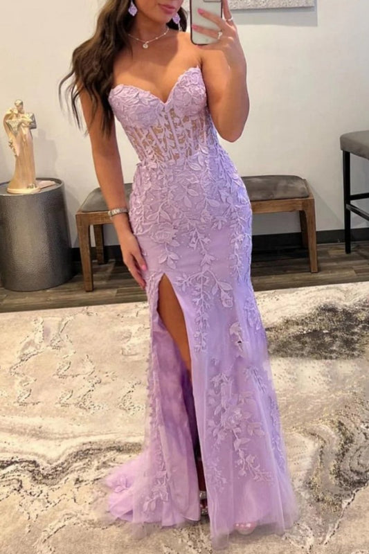 Mermaid Strapless Corset Lace Prom Dresses with Slit