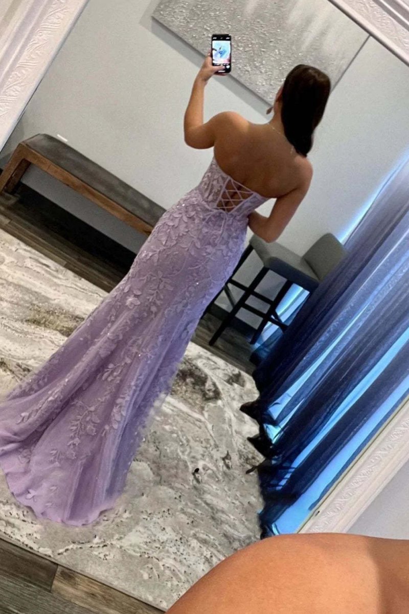 Mermaid Strapless Corset Lace Prom Dresses with Slit