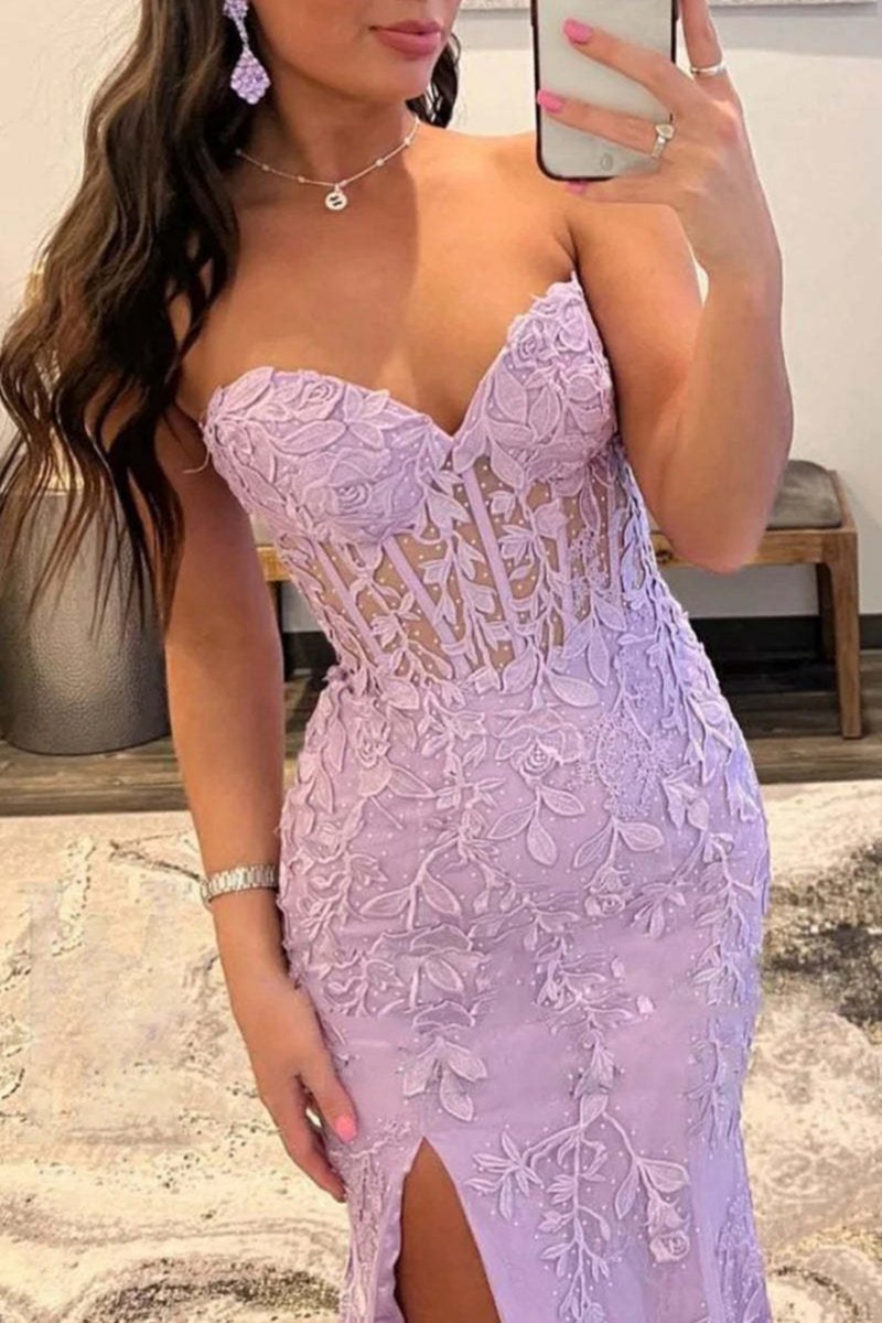 Mermaid Strapless Corset Lace Prom Dresses with Slit