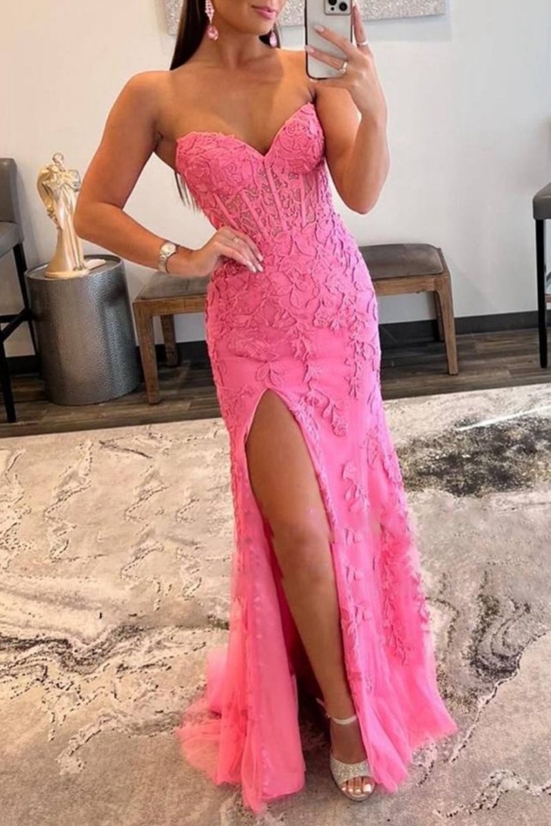 Mermaid Strapless Corset Lace Prom Dresses with Slit