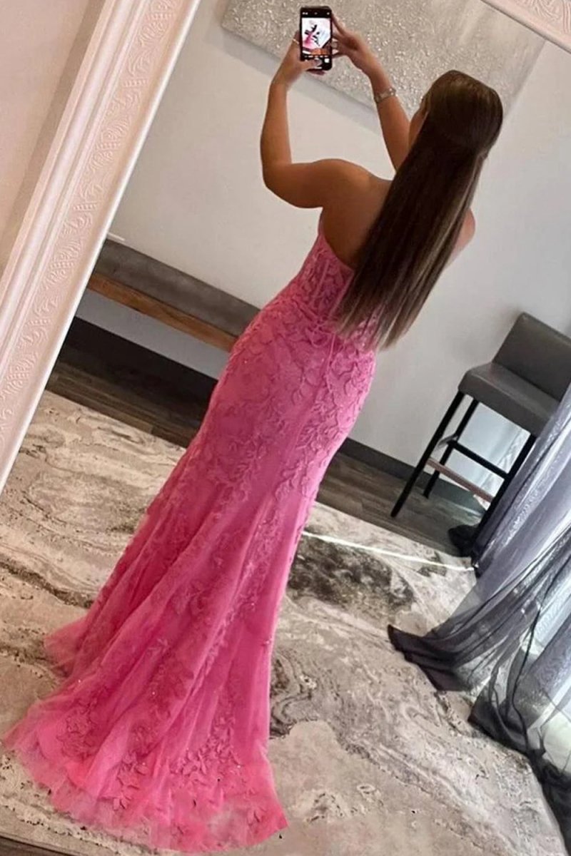 Mermaid Strapless Corset Lace Prom Dresses with Slit