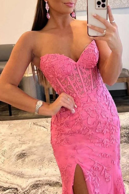 Mermaid Strapless Corset Lace Prom Dresses with Slit