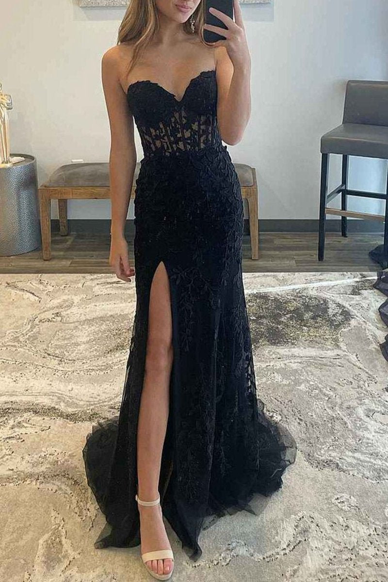 Mermaid Strapless Corset Lace Prom Dresses with Slit