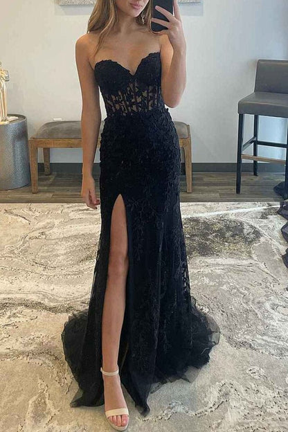 Mermaid Strapless Corset Lace Prom Dresses with Slit