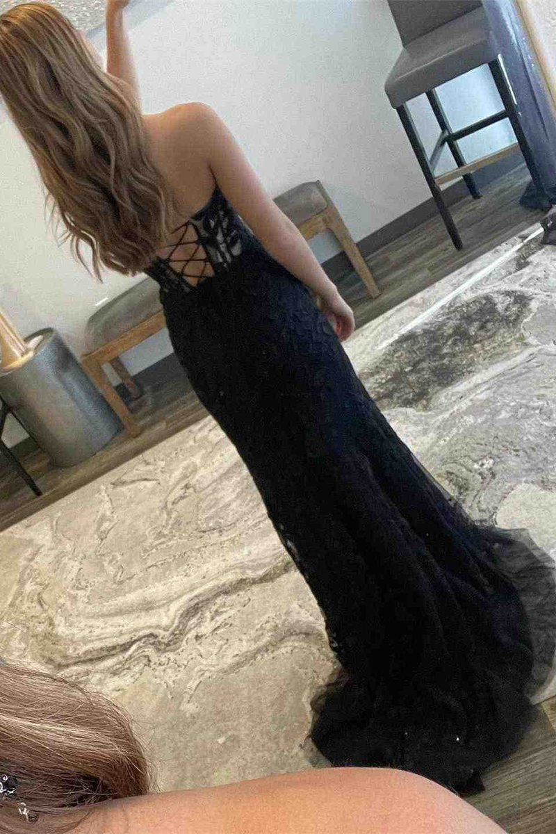 Mermaid Strapless Corset Lace Prom Dresses with Slit