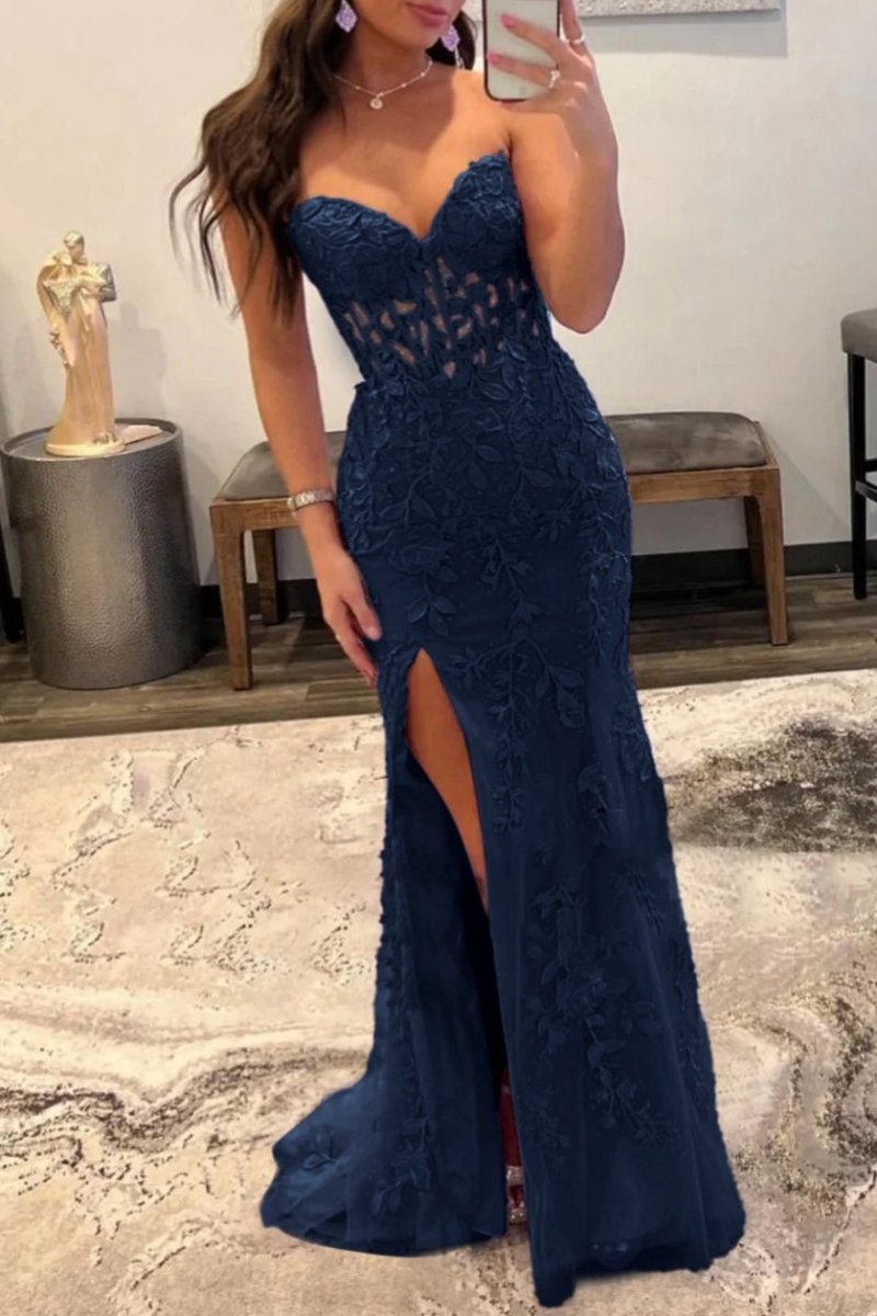 Mermaid Strapless Corset Lace Prom Dresses with Slit