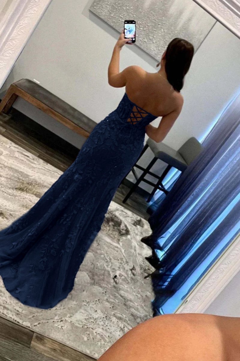 Mermaid Strapless Corset Lace Prom Dresses with Slit