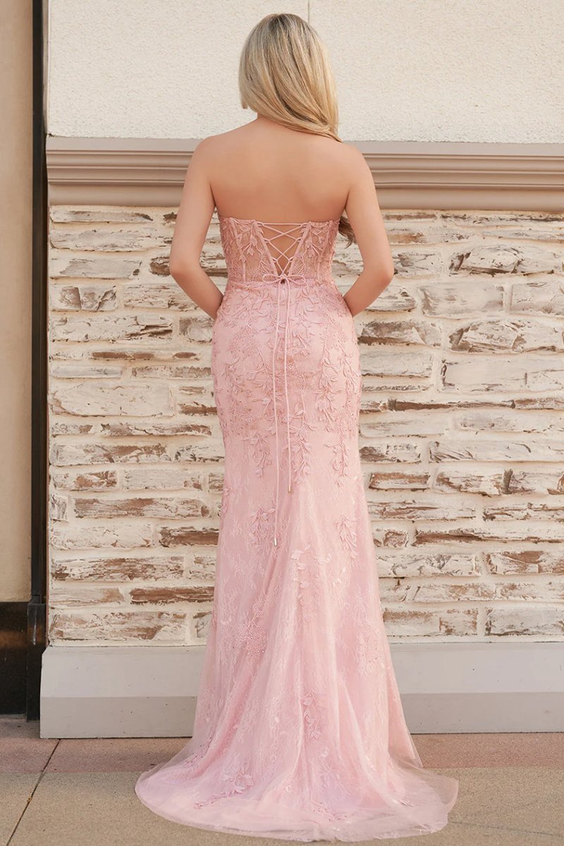 Mermaid Strapless Corset Lace Prom Dresses with Slit