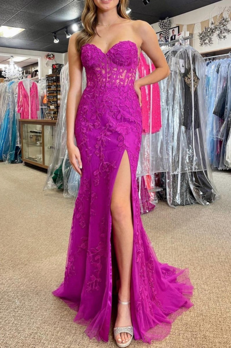 Mermaid Strapless Corset Lace Prom Dresses with Slit