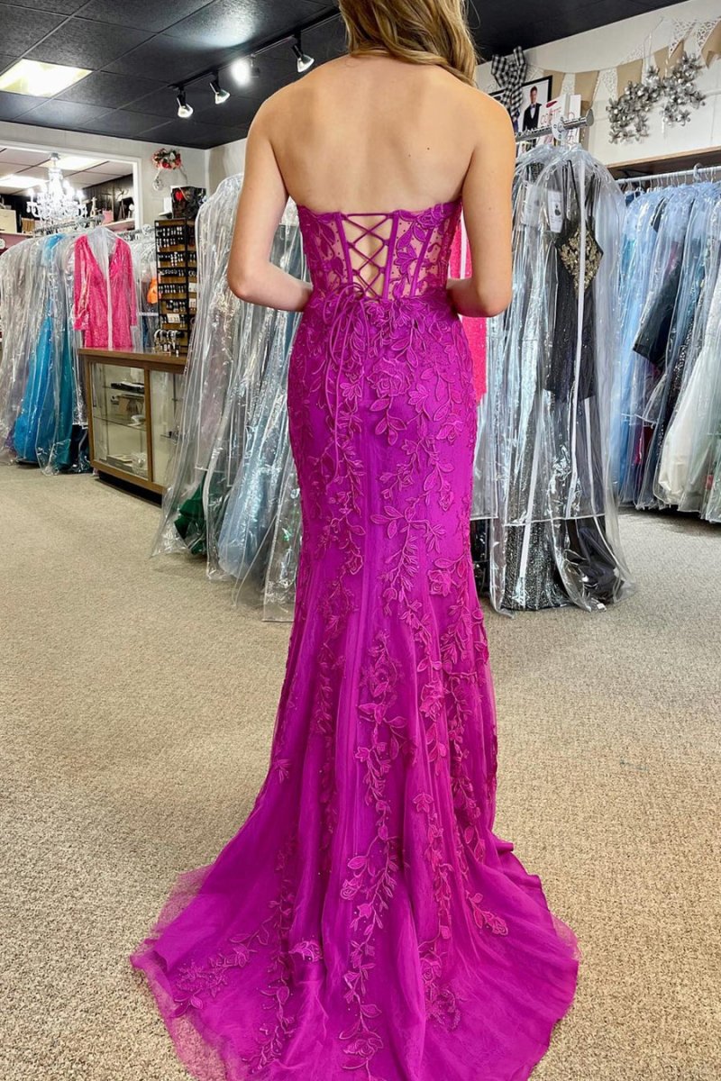 Mermaid Strapless Corset Lace Prom Dresses with Slit