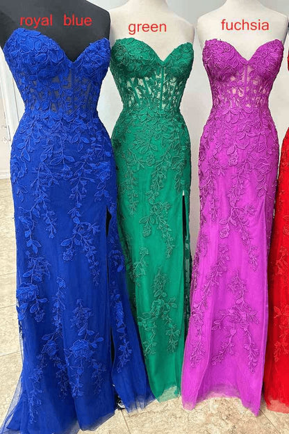 Mermaid Strapless Corset Lace Prom Dresses with Slit