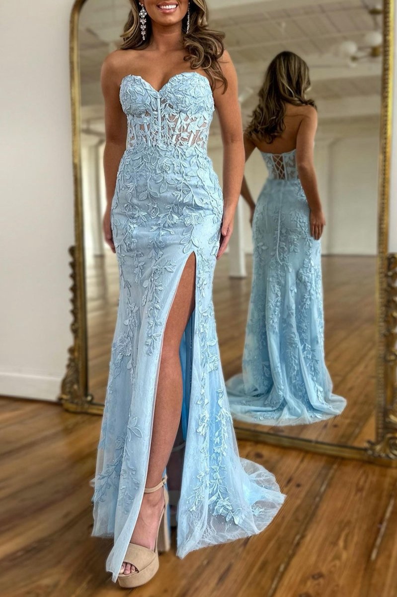 Mermaid Strapless Corset Lace Prom Dresses with Slit