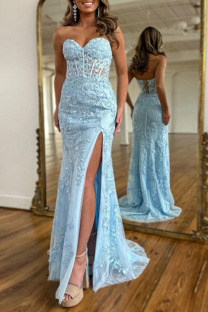 Mermaid Strapless Corset Lace Prom Dresses with Slit