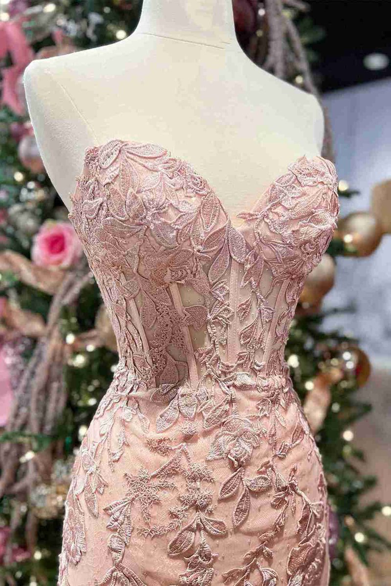 Mermaid Strapless Corset Lace Prom Dresses with Slit