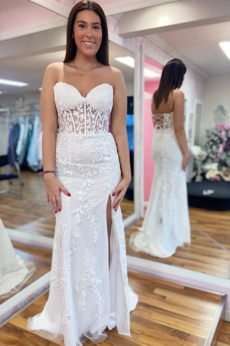 Mermaid Strapless Corset Lace Prom Dresses with Slit