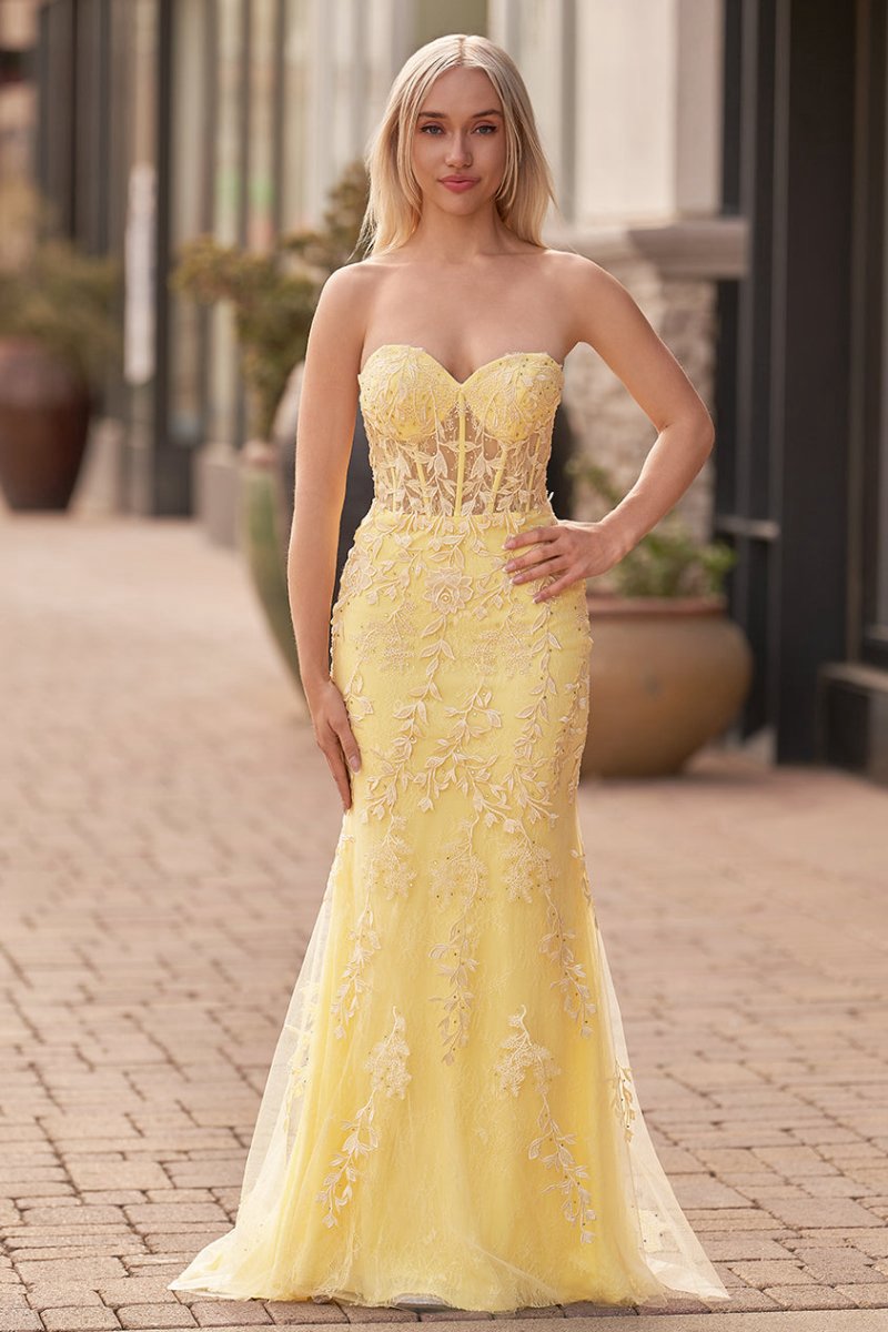 Mermaid Strapless Corset Lace Prom Dresses with Slit