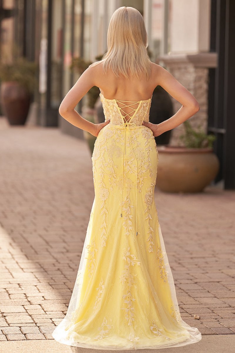 Mermaid Strapless Corset Lace Prom Dresses with Slit