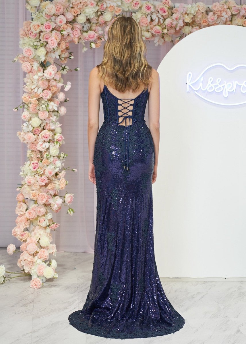 Mermaid Spaghetti Straps Appliques Prom Dresses with Slit