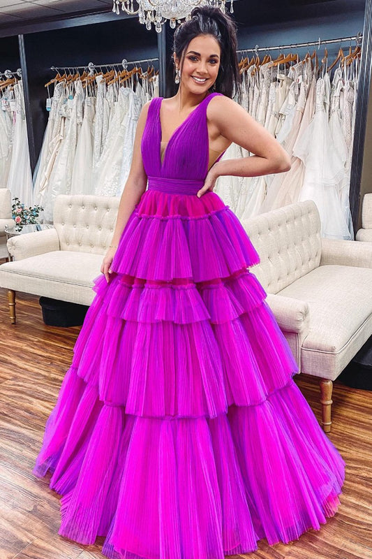 A-line V Neck Tie Tulle Prom Dresses