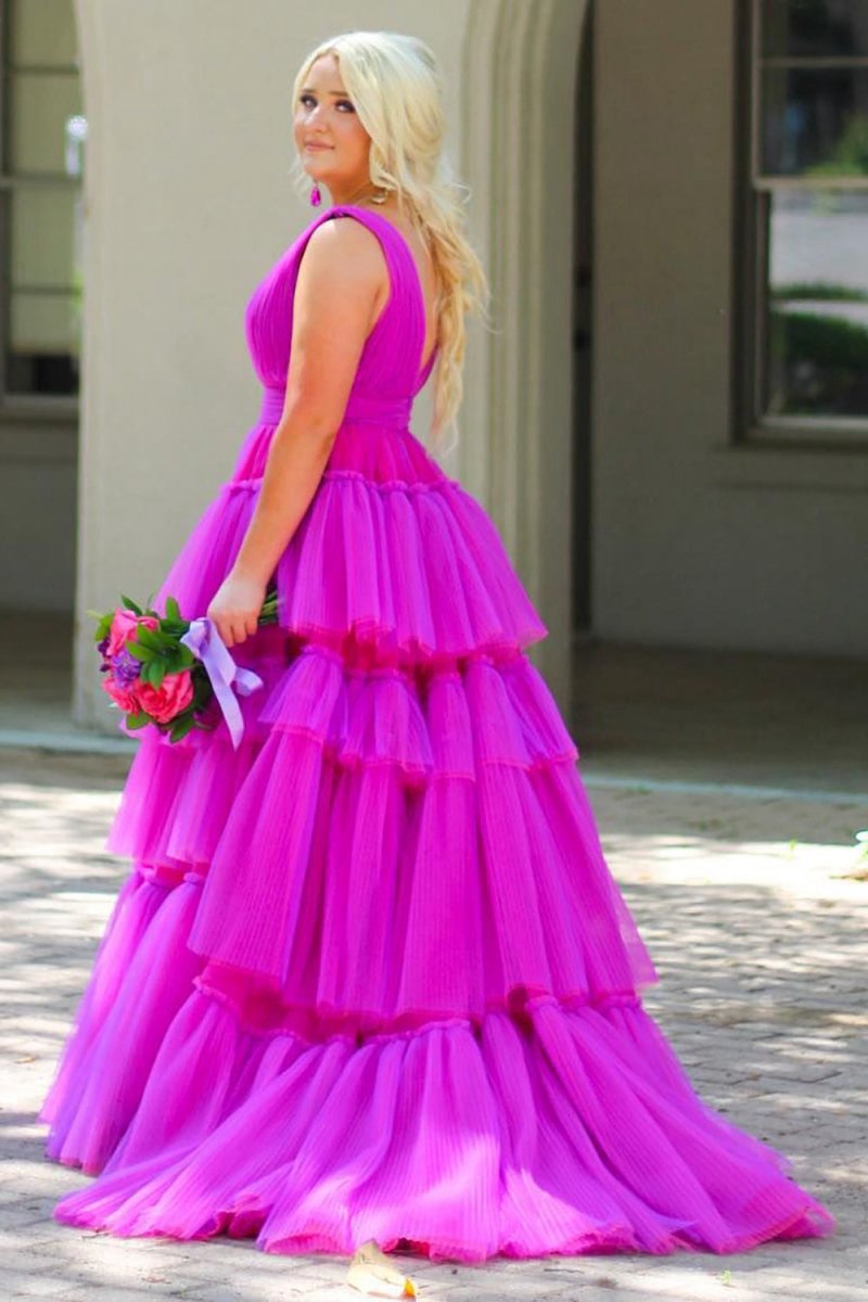 A-line V Neck Tie Tulle Prom Dresses