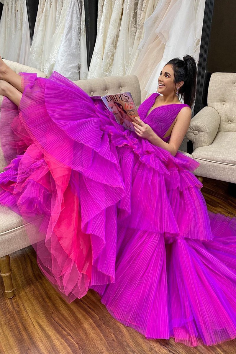 A-line V Neck Tie Tulle Prom Dresses