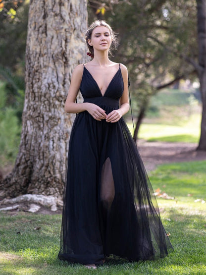 Deep V-neck Tulle Sweep Train Prom Dresses