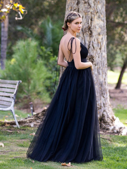 Deep V-neck Tulle Sweep Train Prom Dresses