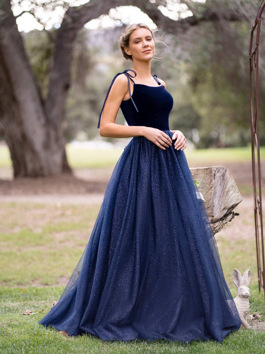 Spagatti Straps Velvet Tulle Floor Length Prom Dresses