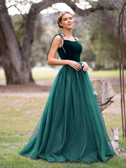 Spagatti Straps Velvet Tulle Floor Length Prom Dresses