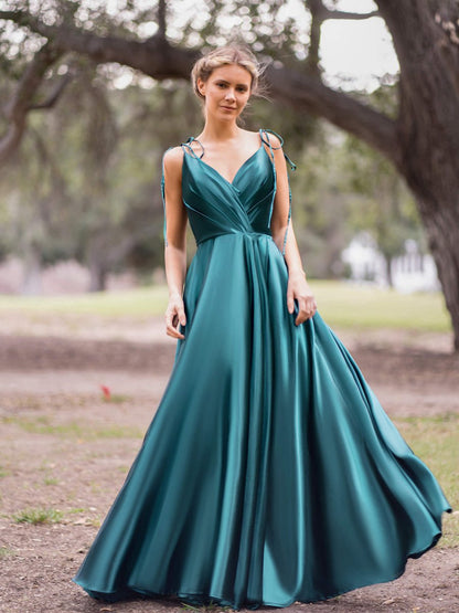 Wrap Satin A-line Floor Length Evening Dresses