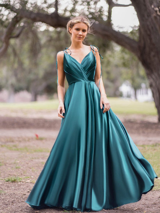 Wrap Satin A-line Floor Length Evening Dresses