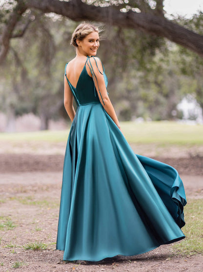 Wrap Satin A-line Floor Length Evening Dresses