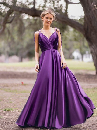 Wrap Satin A-line Floor Length Evening Dresses