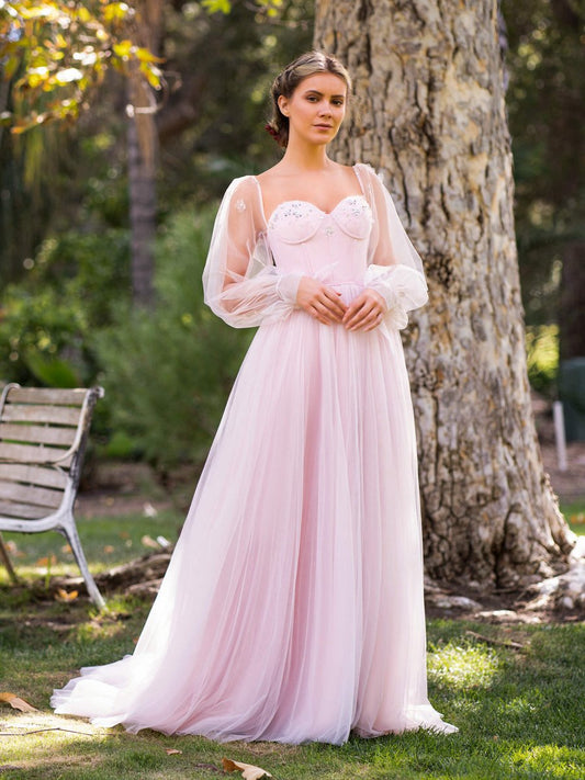 Corset Puffy Sleeves Floor Length Tulle Prom Dresses