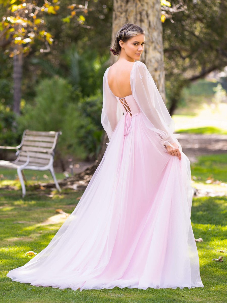 Corset Puffy Sleeves Floor Length Tulle Prom Dresses