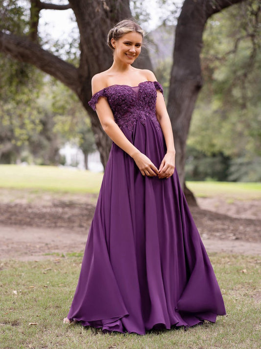 Applique Lace Floor Length Chiffon Prom Dresses