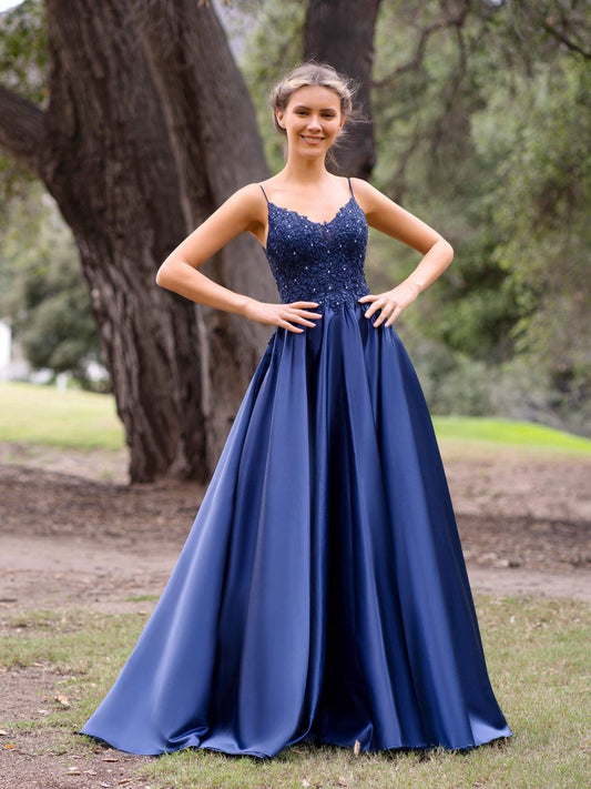 V-Neck Lace Stain A-line Floor-length Evening Dresses