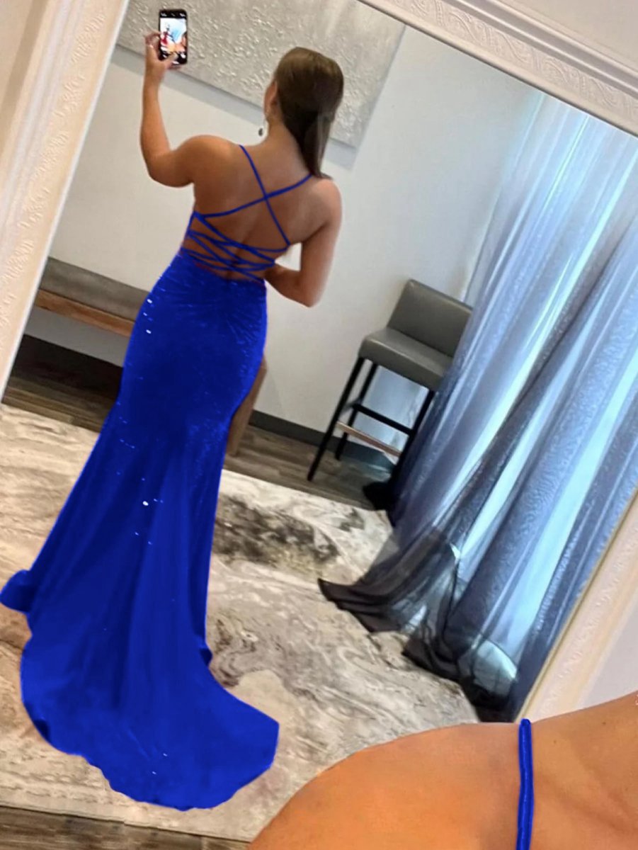 Mermaid V Neck Glitter Satin Prom Dresses