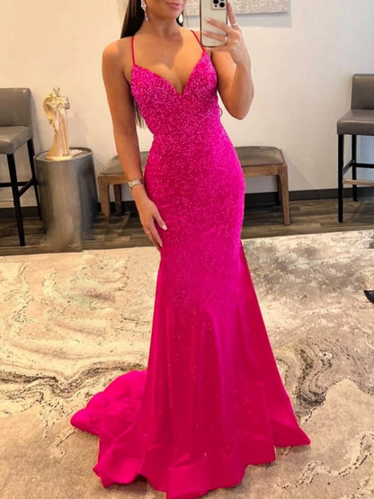 Mermaid V Neck Glitter Satin Prom Dresses
