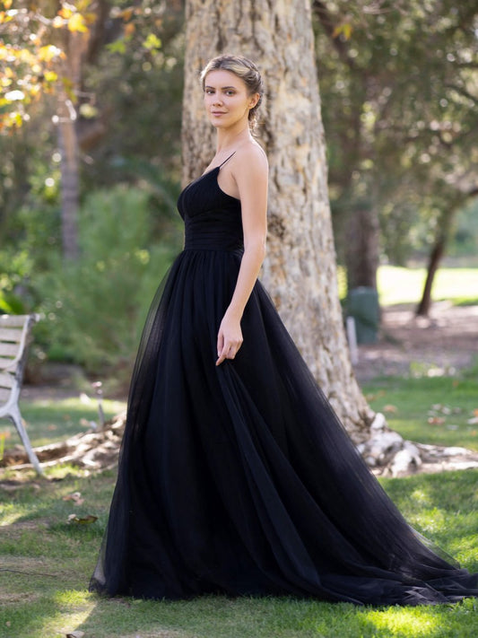 Deep V-neck Tulle Sweep Train Prom Dresses