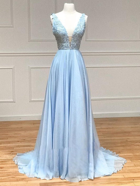 A-line Plunge V Neck Lace Chiffon Prom Dresses