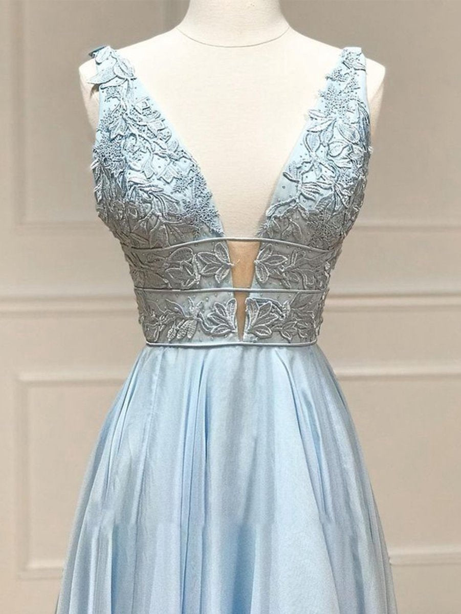 A-line Plunge V Neck Lace Chiffon Prom Dresses