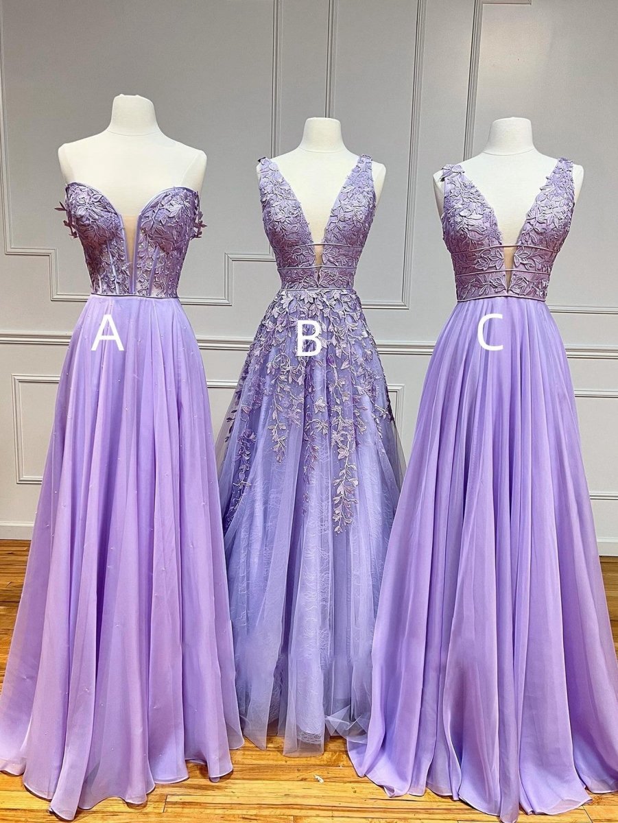 A-line Plunge V Neck Lace Chiffon Prom Dresses
