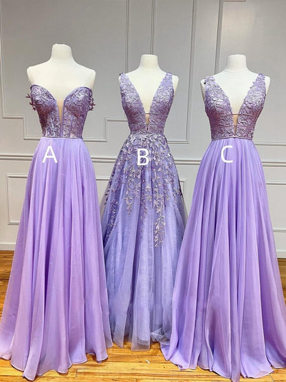 A-line Plunge V Neck Lace Chiffon Prom Dresses