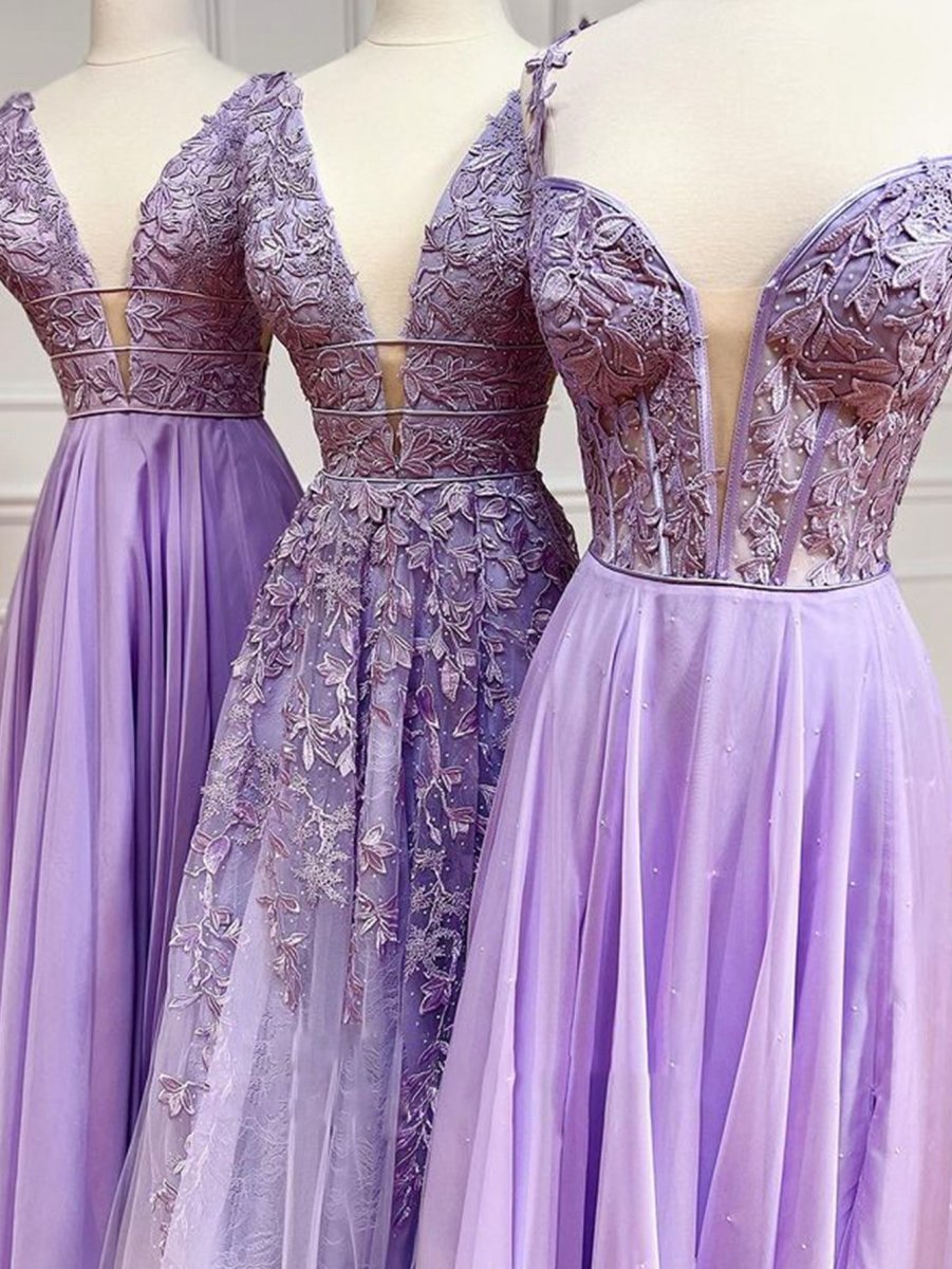 A-line Plunge V Neck Lace Chiffon Prom Dresses