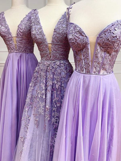 A-line Plunge V Neck Lace Chiffon Prom Dresses