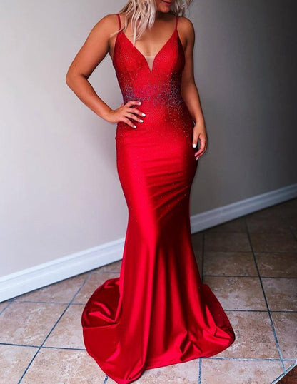 Mermaid Spaghetti Straps Beaded Satin Prom Dresses