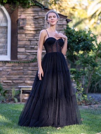 Corset Dotted Tulle Spaghetti Straps Floor Length Prom Dresses