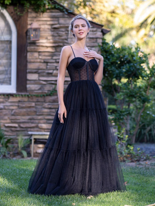 Corset Dotted Tulle Spaghetti Straps Floor Length Prom Dresses